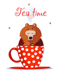 Tea Time Cartoon Teddy Bear Character Sit In Mug