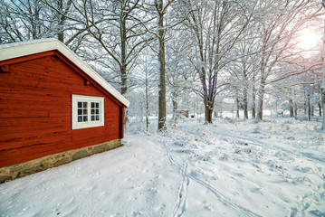 Fototapeta na wymiar Swedish winter scenery in sunny morning