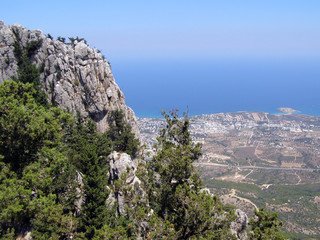 View of Kyrenia town from St Hilarion Castle. Kyrenia District, Cyprus.