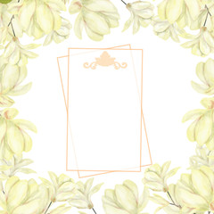 Wedding Invitation, floral invite card, olive floral and magnolia geometric golden frame print. White background.