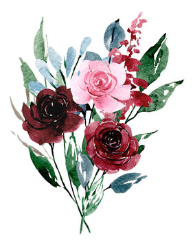 Flowers watercolor painting, pink and burgundy roses bouquet for greeting card, invitation, poster, wedding decoration and other printing images. Illustration isolated on white.