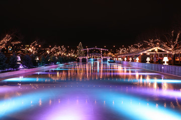 AMSTERDAM, NETHERLANDS - DECEMBER 04, 2018: illuminated skating rink museum square in Amsterdam by night