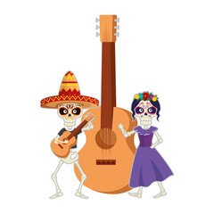 skeleton of katrina and mariachi with guitar