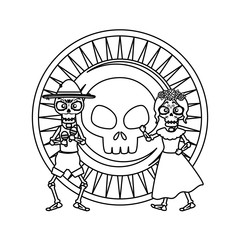 skeleton of katrina and mariachi with skull coin