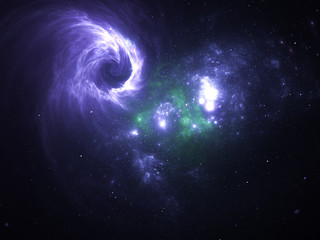 Nebula and galaxies in infinite space - starfield, stars and space dust scattered throughout a vast universe. Swirling black hole, burst of light from birth of stars, illustration, cosmic artwork.