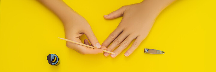 Woman Hands Care. Top View Of Beautiful Smooth Woman's Hands With Professional Nail Care Tools For...