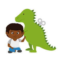 little boy black with tyrannosaurus rex toy