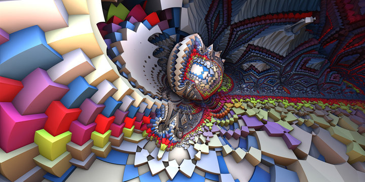 3D abstract landscape, escher style cube shapes arranged into organic spherical shapes, purple/pastel colored illustration. Computer generated artwork, fractal recursive arrangement of shapes.
