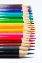 Colored sharpener pencils. Macro shot of many color pencils. 
