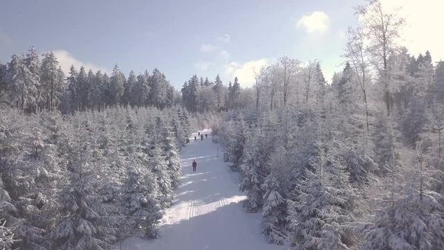Beautiful Sunny Aerial View Winter Ski Runners Forest Vogelsberg Germany