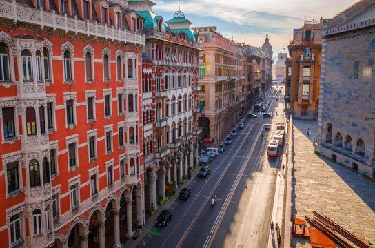 Fototapeta Aerial view of Genoa street in a beautiful summer day, Liguria, Italy