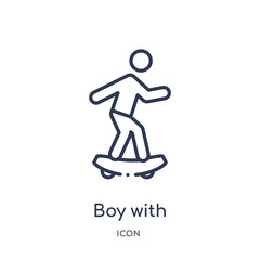 boy with skatingboard icon from sports outline collection. Thin line boy with skatingboard icon isolated on white background.