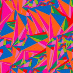 Abstract seamless pattern with colorful chaotic triangles, polygons. Infinity triangular messy geometric pattern. Vector illustration.     