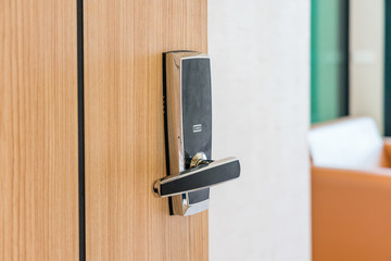 Hotel or apartment bedroom door used digital door lock for access control. Digital door lock access control systems good for security and protection of room