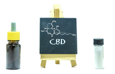 CBD Canabidiol crystals isolate in glass container with CBD molecule formula on chalk board