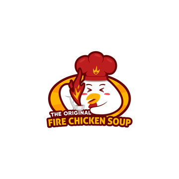 Chili hot chicken soup logo with cute chicken chef holding ladle with fire flame soup illustration