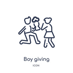 boy giving flowers to his girlfriend icon from people outline collection. Thin line boy giving flowers to his girlfriend icon isolated on white background.