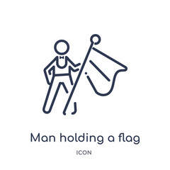 man holding a flag icon from people outline collection. Thin line man holding a flag icon isolated on white background.