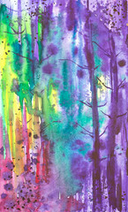 Abstract watercolor illustration of the forest at sunset