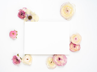 Blank Floral Ranunculus and Anemone Card Flat Lay Background