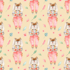 Watercolor Easter seamless pattern with cute bunny with flowers. Texture for wallpaper, packaging, fabric, baby design, easter design, textile.