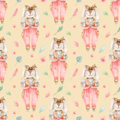 Fotobehang Konijn Aquarel Pasen naadloze patroon met schattig konijntje met bloemen. Textuur voor behang, verpakking, stof, babyontwerp, Pasen-ontwerp, textiel.