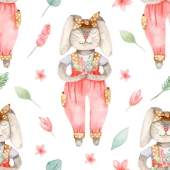 Cercles muraux Lapin Modèle sans couture de Pâques aquarelle avec lapin mignon avec des fleurs. Texture pour papier peint, emballage, tissu, conception de bébé, conception de pâques, textile.