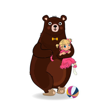 recommend clip art: Funny Bear Holding Cute Little Girl in Pink Dress