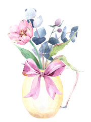 Spring composition with watercolor hand painted bouquet with wild flowers, eucalyptus and branches in a yellow jug
