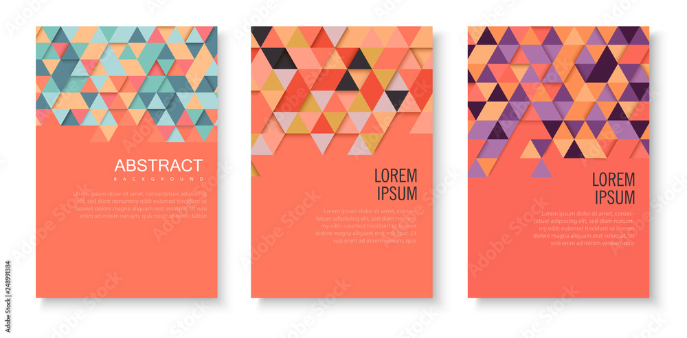Wall mural set of pink paper cards with abstract colorful pattern of triangles.