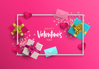 Valentines Day card frame of pink 3d love elements