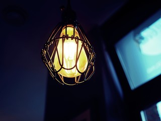 Fototapeta na wymiar Old retro vintage bulb in wire metal, rusty lampshade