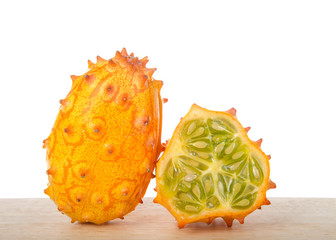 Kiwano fruit, also known as Cucumis metuliferus, horned melon, or African horned cucumber sitting...
