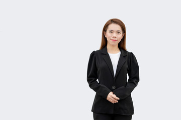 asian business woman Crossed hands standing with long hair in black suit isolated on white color background
