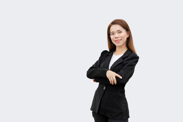 asian business woman Crossed arms with long hair in black suit isolated on white color background