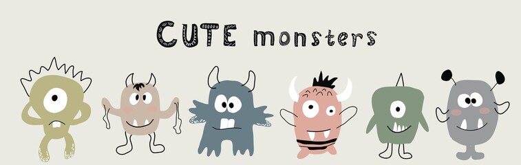 monster set vector illustration for kids t shirt fabric design.