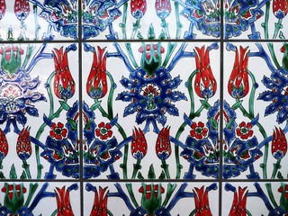 Tiles with floral pattern on a wall with traditional ornamental pattern for kitchen or bathroom 