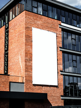 University, Company Office Building Facade, Blank White Paper Board At Grunge Brick Red Wall Texture Background, Mock Up Ads Template, Business Presentation Content Concept. 