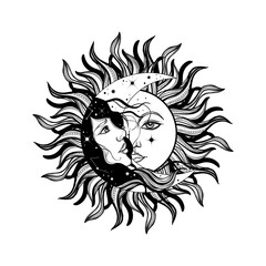 Sun eclipse concept. Vector illlustration of astronomy and astrology symbol. Vintage, Boho or gypsy style