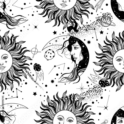 Bohemian Seamless Pattern With Sun Moon Stars And Constellation Vintage Style Gypsy And Hipster Vector Illustration Astronomy And Astrology Symbol Wall Mural Mila Okie