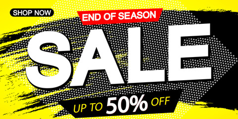Sale discount horizontal poster design template, end of season, up to 50% off, vector illustration