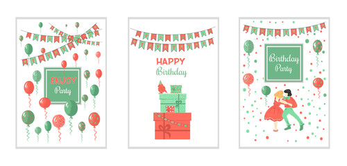 Set Happy birthday greeting card and party invitation templates  with FOIL BALLOONS .in living coral and Neo mint colour