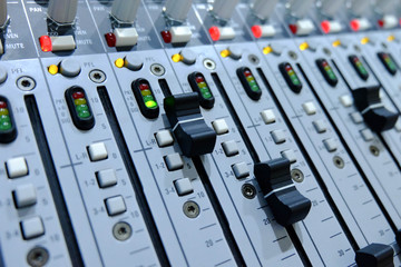 Chiang rai, Thailand - September 20, 2018: mixing console, .Professional audio mixing console with faders and adjusting knobs - radio / TV broadcasting