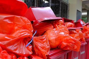 Chiang rai, Thailand - September 6, 2018:Infected garbage bag,Red bag to infect garbage in the...