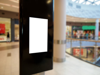 Digital media blank black and white screen modern panel, signboard for advertisement design in a shopping center, gallery. Mockup, mock-up, mock up with blurred background, digital kiosk.