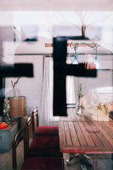 Home cafe decoration vintage wooden furniture with dried flower vase