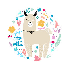 Obraz na płótnie Canvas Lama in flowers and leaves arranged in circle, modern hand drawn style. Isolated cartoon illustration for kid game, book, t-shirt, textile, etc. Stay wild lettering.