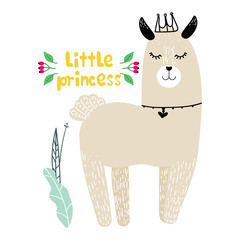  Lama with crown, modern hand drawn style. Isolated cartoon illustration for kid game, book, t-shirt, textile, etc. Little princess lettering.