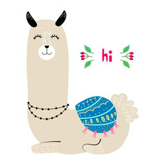  Lama, modern hand drawn style. Isolated cartoon illustration for kid game, book, t-shirt, textile, etc. Hi lettering.