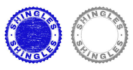 Grunge SHINGLES stamp seals isolated on a white background. Rosette seals with grunge texture in blue and grey colors. Vector rubber stamp imprint of SHINGLES title inside round rosette.